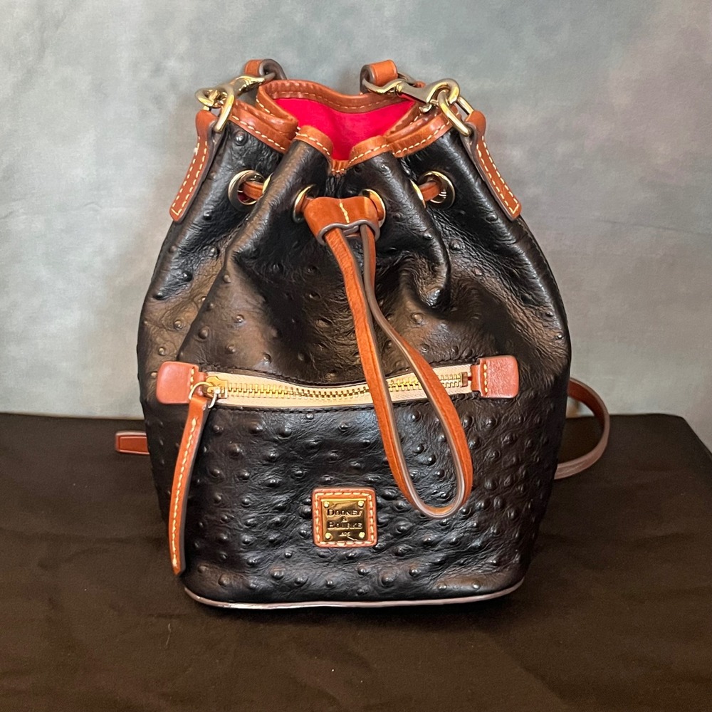 Dooney & Bourke Ostrich‎ Embossed Leather Bucket Bag Black Brown Crossbody